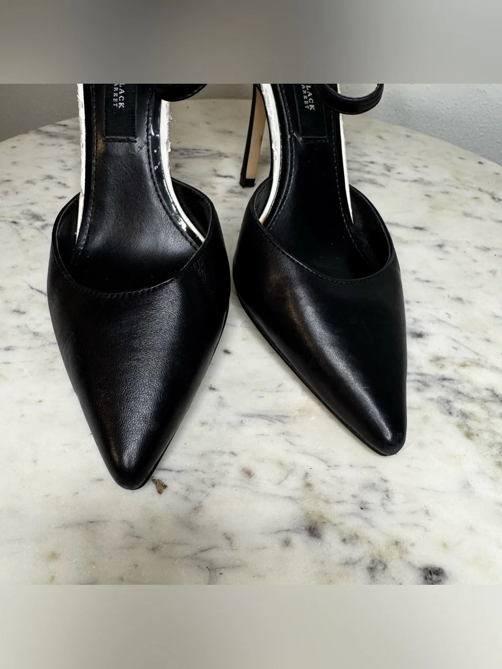 White House Black Market Catalia Heels Size 5 Leather Shoes Black white